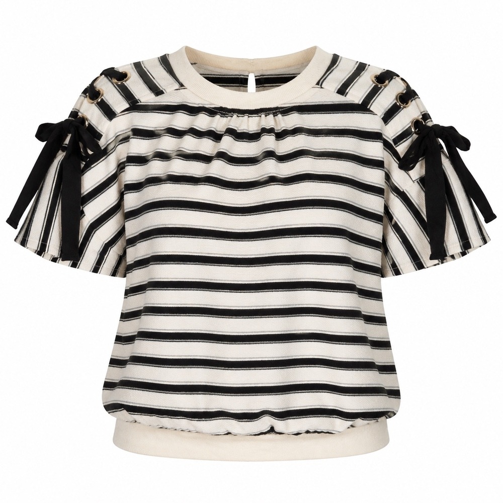 VOY Blouse M Ivory Black Striped Coastal Grommet Tie Sleeves whimsigoth preppy
